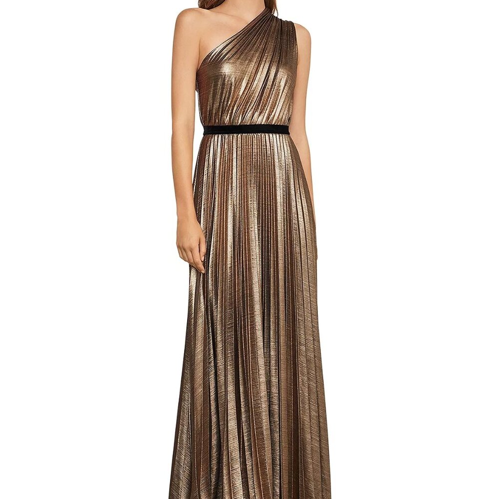 BCBGMAXAZRIA Metallic Pleated One-Shoulder Gown Size Small